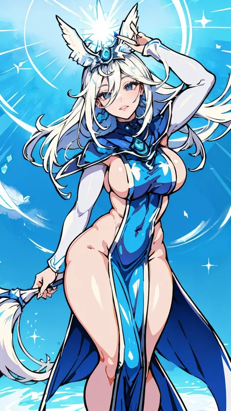 Silent magician,((  abdomen grande, abdomen colgado, panza, ruborizada, sonrisa, ahegao , ahegao expression, Shiny oiled skin )), (vientre colgando),  pelo largo, cabello blanco, (( white hair)), curvy body, chubby girl, very , monstruo de duelo, piernas a...