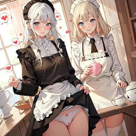 highest quality、masterpiece、((2 girls))、((smile))、(blush:1.3)、Black Shirt、blouse、((fun!!))、(Small breasts)、(One-strand braid)、(Blonde)、()、((White apron:1.5))、((Maid))、((hair ornaments)),、Kamimei、look at me、 ((in house:1.5))、 Taking a break from watching th...