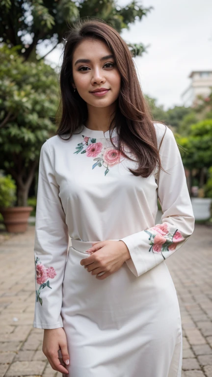 (best quality,4k,8k,highres,masterpiece:1.2), ultra-detailed, realistic, full portrait, rules of third, beautiful 21-year-old Malay girl, perfect face, dark flowing hair, happy expression, wear white color long sleeve baju kurung with floral design, vibran...