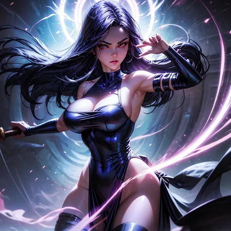 Psylocke, the enchanting sorceress with a big and beautiful face, wields a gleaming sword. Surrounded by a spectacle of swirling colors and radiant energy, her image creates a mesmerizing scene. With a graceful stance, she exudes confidence and power, her ...