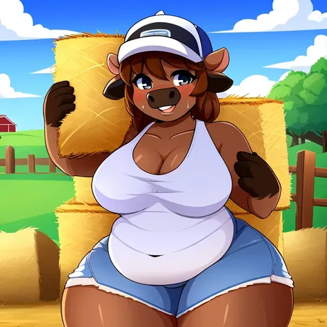 Solo female, cow, bovine, wide hips, chubby, thick thighs, flirty, cute, tank top, snapback hat, carrying hay bale, sweating, country, farm, southern 