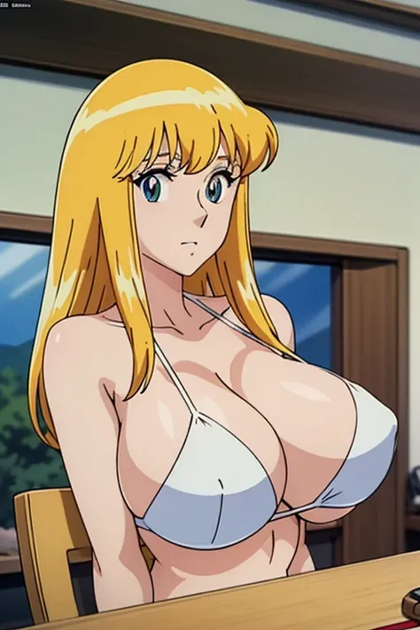 (anime cels style, Masterpiece, best quality, high resolution, anime colored, megami magazine:1.2, anime poster style, anime keyvisual, sharp, 8k, photorealistic), (beautiful eyes:1.5), reiko_aiwaifu, 1woman, milf, blond hair, long hair, (sagging huge brea...