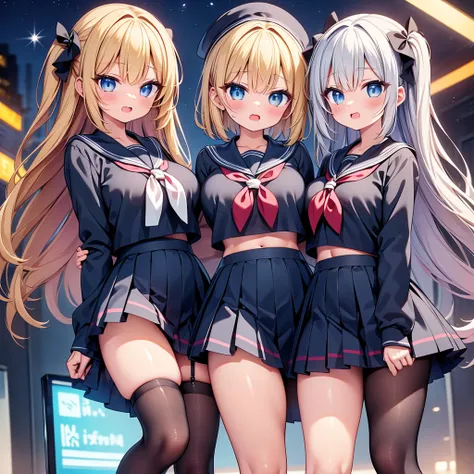 (cute eyes:1.2), (sparkling eyes:1.2), highest quality,wonderful,finely,extremely detailed CG Unity 8K wallpaper, (Stand in line:1.2), (3 girls, sailor uniform, clothed), (midium breasts), (open mouth:1.1), (long tongue:1.1), (mouth drool:1.1), (black stoc...