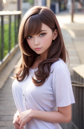 (One girl:1.3), (Realistic:1.4), (masterpiece, highest quality, highest quality, Official Art), Very detailed, Most detailed, (Very detailed), ((Very delicate and beautiful)), Cinematic Light,  Contemporary, 
Silky long hair, (brown hair), 
She is standing...