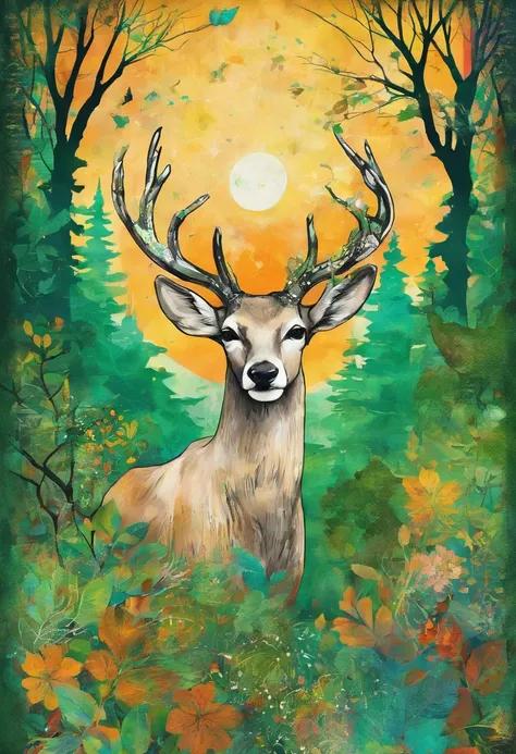 Dreaming doe, regard vers le haut doux tendre perdu dans ses rêves, posture marche, green forest background ::2 colorful ink painting ::2 art fantasy