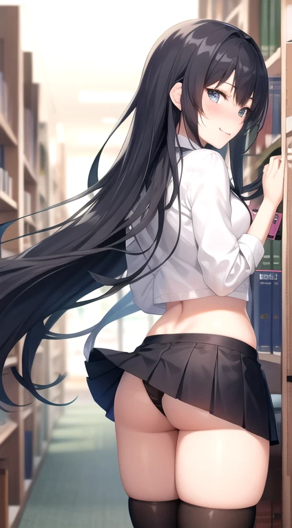 Yukino Yukinoshita, long hair, split, navel, Slender legs, black hair, Blue eyes,  Short skirt, thigh high socks, , happy, , the library, Very embarrassed, erotic thong visible, perfect ass, Perfect