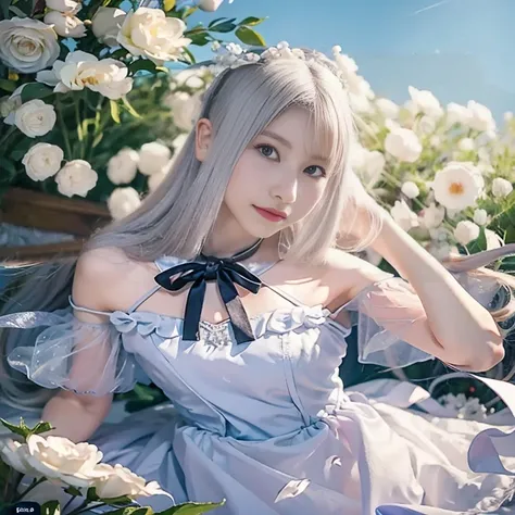 Anime girl in a white dress surrounded by white flowers, In a dress, beautiful anime portrait, Beautiful Anime Girls, Detailed digital anime art, Cute anime waifu in a nice dress, white haired girl, Beautiful and detailed anime art, Perfect white hair girl...