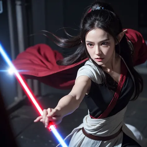 A full-body shot of Princess Zelda, black hair, red eyes, dressed as Rey Skywalker, 30 years old, mature, XL bust, gripping a one red light saber in only one hand, wearing a black cloak with red details, fighting, in a battle stance, Background: Inside the...