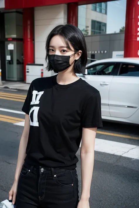 1man, short hair, black hair, black facemask, red normal t-shirt, black jeans pant, fashion,