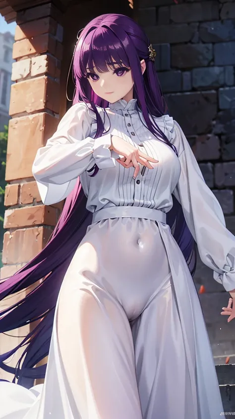 Super detailed, NSFW, masterpiece, High resolution, Photorealistic digital art, perfect lighting, (((1 girl, perfect anatomy))), accurate right hand, accurate left hand, five fingers, perfect style, Fern, big purple eyes, glossy lips, purple hair, shiny sk...