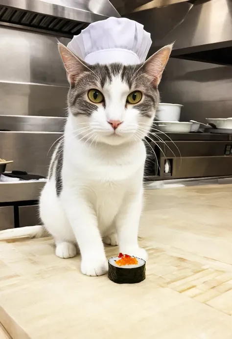 a cat sushi chef in a restaurant kitchen, photo, Catstravaganza