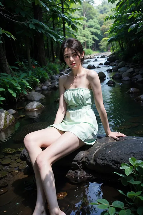 fantasy atmosphere photos、woman wearing a sexy dress、In the forest where a stream flows、looking at the sky and smiling、Detailed photo quality, short hair 