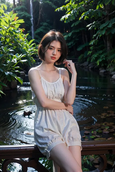 fantasy atmosphere photos、woman wearing a sexy dress、In the forest where a stream flows、looking at the sky and smiling、Detailed photo quality, short hair 