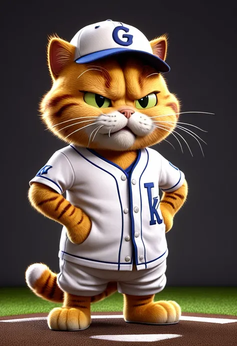 (Best quality,4K,8K,A high resolution,tmasterpiece:1.2),ultra - detailed,(actual,realistically,realistically:1.37),lovely digital painting,Cute 3d rendering,cg render,Cute Garfield cat wearing baseball uniform,Anthropomorphic Garfield,Cartoon concept art,a...