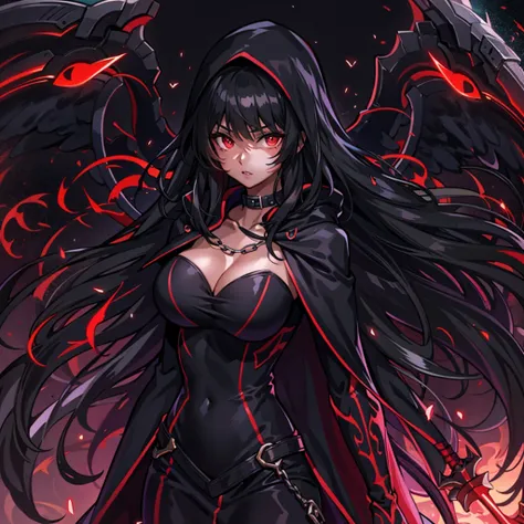 upper body, 1woman, black hair, Long Haired, Red eyes, (Crimson Lightning Angel), Black Long hoodie Cape, Black Large Scythe, tunic, big breats, wallpaper, Chain background, light particles, (masterpiece), best quality, Black mask, side-swept bangs, Top Qu...