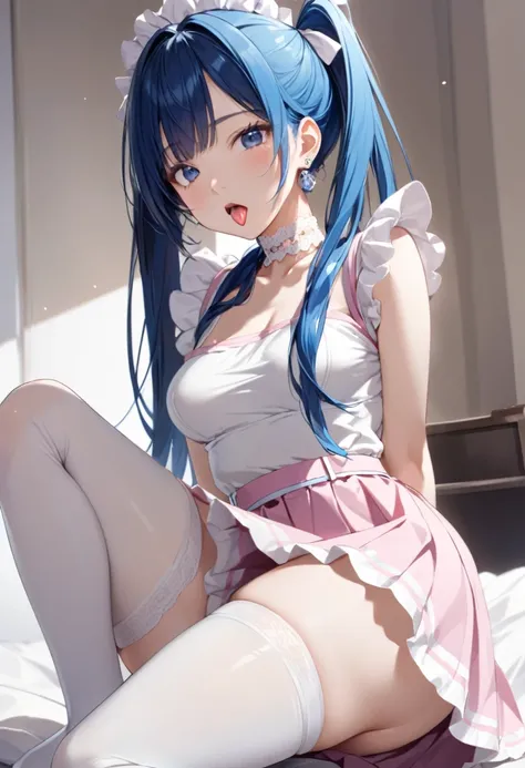 18 years old, Japanese, long blue hair tied in two ponytails, slender, medium-sized firm breasts, perfect and firm ass, tongue piercing, beautiful earrings in the ears.
clothes - white and pink maid uniform, short skirt, deep neckline, white lace choker ar...