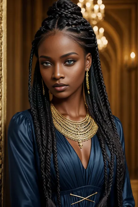 Black model with braids looking beautiful in gold jewelry, blue eyes, in the style of brown and azure, highly realistic, in the style of gothic romance, historical inspiration, meticulous details, big  