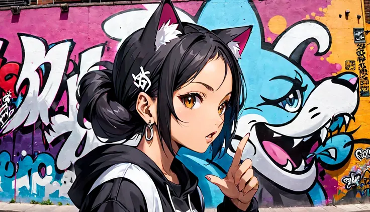 cat ear,woman,4. Hip-hop: A cool rapper with street art adorning city walls, rapping in an urban setting
