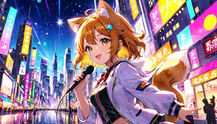 cat ear,woman,5. Pop: A popstar-like character singing in a colorful and sparkling cityscape
