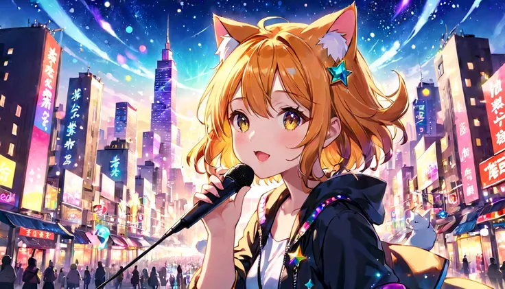 cat ear,woman,5. Pop: A popstar-like character singing in a colorful and sparkling cityscape
