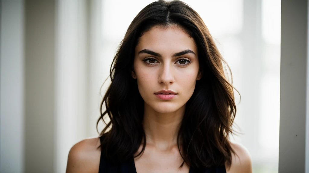 Girl in, age 25, Solo, Striding confidently, Strong bone structure, defined jawline, high cheekbones, tall and thin frame, dark eyes, thick eyebrows, brunette hair, wavy and untamed, minimal makeup, casual attire, conveying a sense of determination and inn...