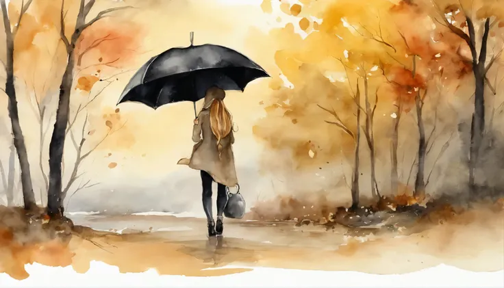 Girl with a black umbrella，Looking Back， Split leaf pavement，Seaside in autumn，pale yellow tones，Super fine，Carefully drawn，high quality，8K，Sad Miyazaki anime style