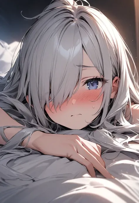 ((highest quality)), ((masterpiece)), (detailed), Perfect Face，Perfect Anatomy，Long Hair，Hair on one eye，Half Up，14 years old，，Silver Hair，，First-person view，She looks at me with a sad blush.，Viewpoint of lying down together