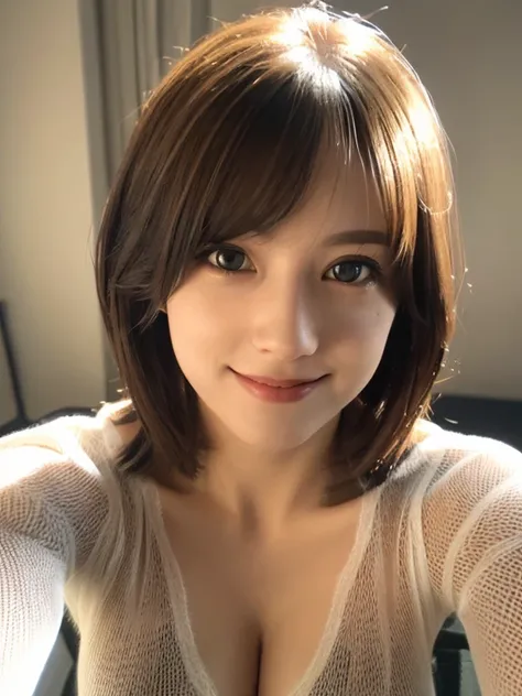 (Photorealistic, masutepiece, Best Quality, Raw photo, selfee:1.3)、1girl in, Solo, Long hair, Brown hair, Detailed face, alluring face, Detailed beautiful eyes,(Sheer Sweater that kills virgins,sleeveless,cleavage cutout :1.2), (coverd nipples:0.9),medium ...