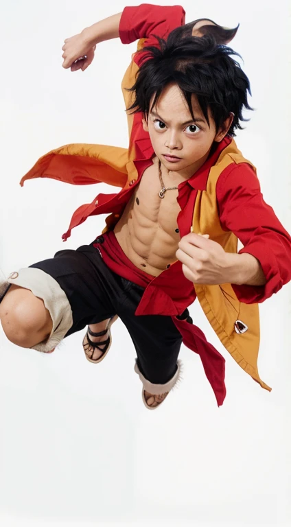 cute of a man with a red shirt and black pants, monkey d luffy, realistic