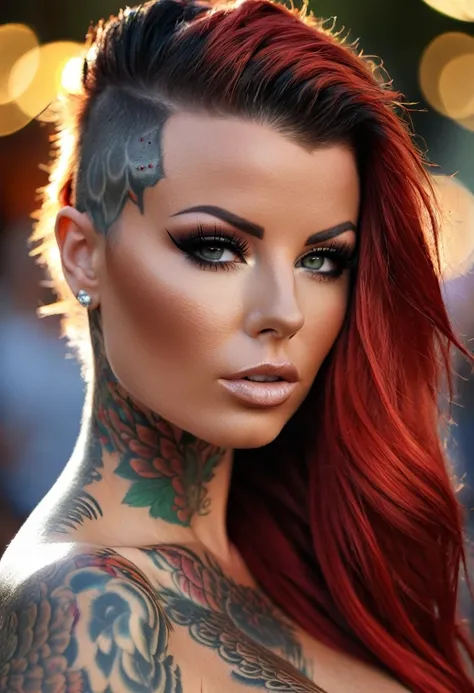 4k hochdetaillierte, Realistic digital RAW photography in extremely high quality, a portrait photo of Christy Mack extremely long red mane with black streaks  (beautiful and detailed eyes: 1.1), vollbusig, Tussi, seductive, sexy, big , Epos, hyperrealistis...