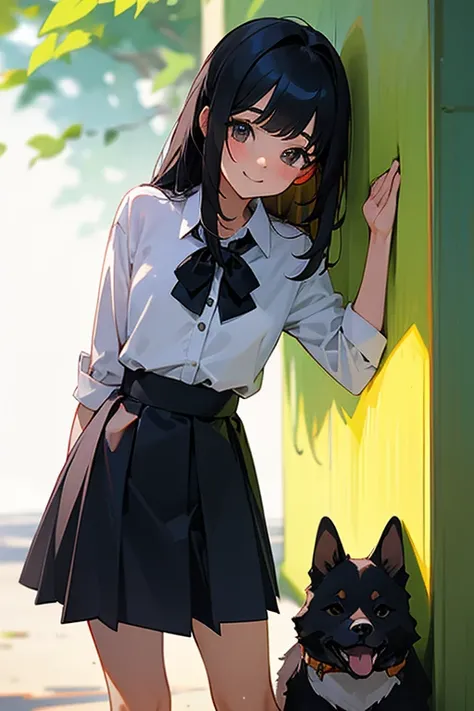 "Best quality,cute girl, black iog Hair, Wearing Casual Blouse and A-line Skirt, Shy Smile,with dog, Natural Light, at park"
