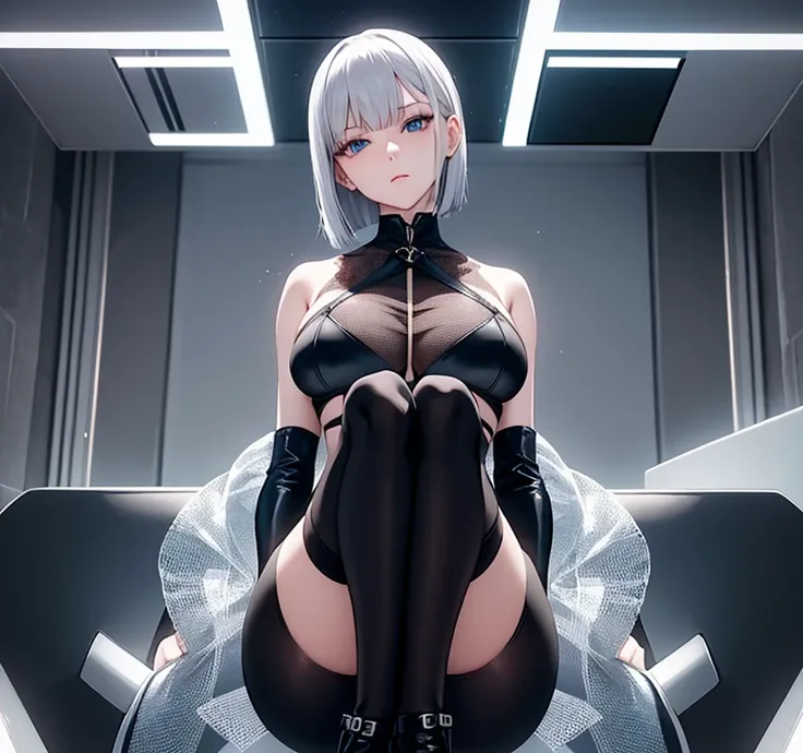 「Silver bob cut hair、Anime-style woman with pale grey mysterious eyes reflecting soft light。Her hair is in a delicate silhouette、Her bangs are long enough to softly frame her face while still hiding one eye.。She wore a slim black leather bodysuit that was ...