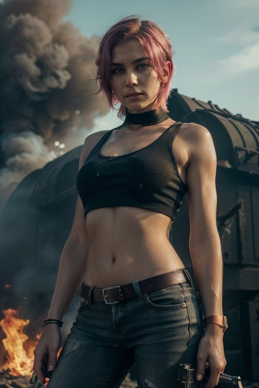 ((Best quality, 8k, Masterpiece: 1.3)), ((5120x1440)), Sharp focus: 1.2, Full body, perfect, pale skin, muscular, 30 year woman, Human Anatomy, Small nose, ripped jeans with a small Top and army vest, Pink hair with orange/blue highlights, blue eyes, short...