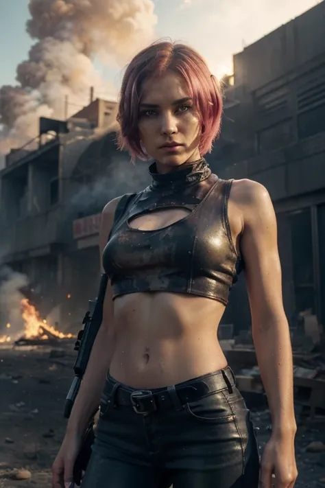 ((Best quality, 8k, Masterpiece: 1.3)), ((5120x1440)), Sharp focus: 1.2, Full body, perfect, pale skin, muscular, 30 year woman, Human Anatomy, Small nose, ripped jeans with a small Top and army vest, Pink hair with orange/blue highlights, blue eyes, short...