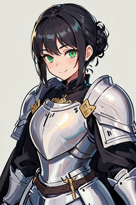 ((masterpiece)), ((highest quality)), ((Super detailed)), One Girl, (((Black Hair))), (Updo), Chignon Hair, ((White Armor)), (((female knight))), Green Eyes, smile, (Simple Background)