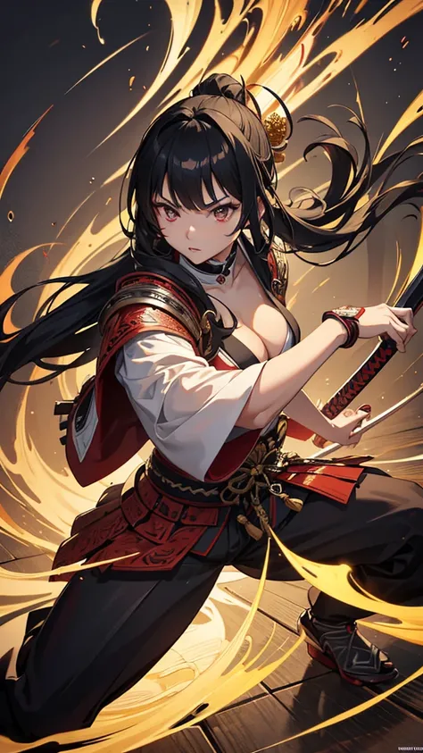 young japanese girl, samurai, evil look,,combat stance, wielding a sword, highly detailed, full body view, vibrant appearance, creative behavior, extremly detailed, imaginative, sensual, spontaneous, highest quality, skin texture, intricate details, (cinem...