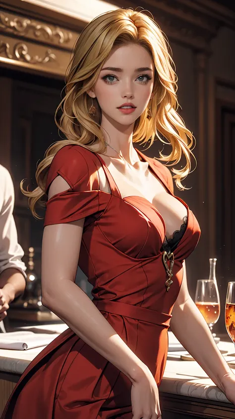 (Photo of your face:1.2), woman (Amber Heard), Red dress, blonde, Amorous 