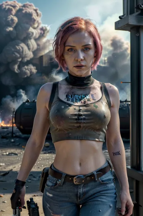 ((Best quality, 8k, Masterpiece: 1.3)), ((5120x1440)), Sharp focus: 1.2, Full body, perfect, pale skin, muscular, 30 year woman, Human Anatomy, Small nose, ripped jeans with army vest, Pink hair with orange/blue highlights, blue eyes, short hair, tank top,...