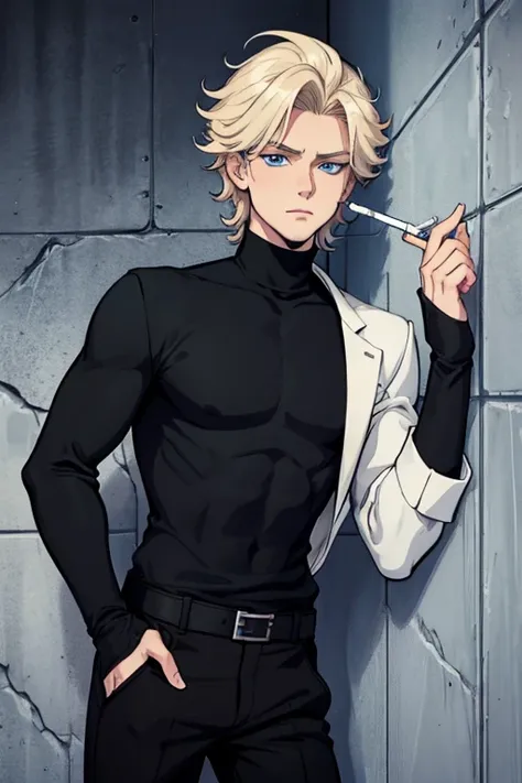 white boy blond messy hair with blue eyes, 27 years old,and a laying on a wall with a cigarette in the hand, wearing black turtleneck and black trousers and black glove, in a weebtoon darkfantasy style 