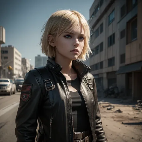 Very beautiful young girl, Stalker, blonde, Short tousled hair,short leather jacket, post apocalypse, cyberpunk, professional photo, realistically, backpack 🎒, rifle, knife in sheath on belt, dirt on the face, worn clothes, style Mad Max