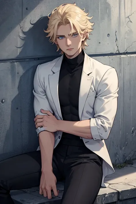 white hot boy blond messy hair with blue eyes, 27 years old,and a laying on a wall arms crossed on his chest , wearing black turtleneck and black trousers and black glove, in dark style 