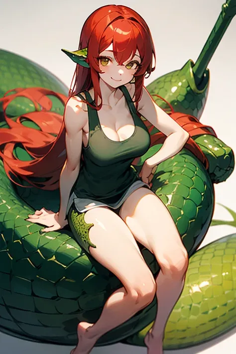 full body, beautiful, (masterpiece:1.2), (best quality:1.2), perfect eyes, perfect face, smiling, perfect lighting,lamia girl, 1girl, red hair, brown eyes, ((green scales)), ((tank top)),((long hair, straight hair)), white skin, big breasts,