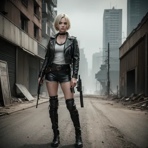 Very beautiful young girl, Stalker, blonde, Short tousled hair,short leather jacket,full body, post apocalypse, cyberpunk, professional photo, realistically, backpack 🎒, rifle, knife in sheath on belt, dirt on the face, worn clothes, style Mad Max