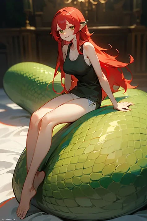 full body, beautiful, (masterpiece:1.2), (best quality:1.2), perfect eyes, perfect face, smiling, perfect lighting,lamia girl, 1girl, red hair, brown eyes, ((green scales)), ((tank top)),((long hair, straight hair)), white skin, big breasts,