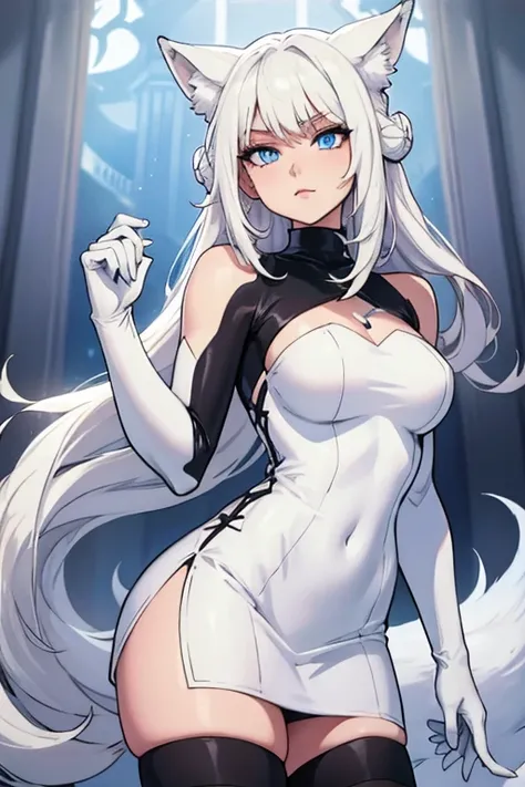 white blond longhaired girl with white fow hears and white fox tail, blue eyes, beautiful body, wearing black turtleneck dress  and black gloves