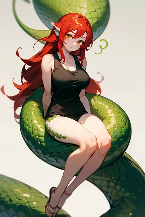 full body, beautiful, (masterpiece:1.2), (best quality:1.2), perfect eyes, perfect face, smiling, perfect lighting,lamia girl, 1girl, red hair, brown eyes, ((green scales)), ((tank top)),((long hair, straight hair)), white skin, very big breasts,