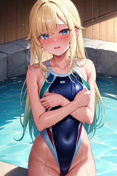 8k quality,masterpiece, One Girl, ema aizawa, ((wet competition swimsuit,)), Sweating profusely, dripping, wet face, wet skin, Blonde, Long Hair, Sparkling eyes, blush, sharp focus, moody lighting, Poolside