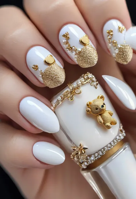 someone is holding a white and gold manicure with a teddy bear on it, Gold and white, white and gold, nail, nail art, silver white and gold, White with gold accents, painted nail, acrylic, golden details!, neat nail, Gold and pearls, Sophisticated and show...