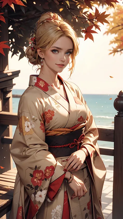 ((最high quality, 8K, masterpiece: 1.3, Ultra HD, high quality, 最high quality, High resolution, realism)) 、A 22-year-old extremely beautiful white woman、Hair color blonde、blue eyeedium Hair、Straight Hair、smile、Slender but well-proportioned body、Background b...