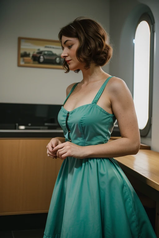 1Girl in a 50s style dress, komplett mit Tellerrock und Petticoat, ihr Haar ist zu klassischen Lockenwicklern gestylt. Sie sollte in einem altmodischen Diner sitzen, umgeben von Vintage-Details wie eine Jukebox, Chrom-Akzente, und Neonschilder. Ihre Augen ...